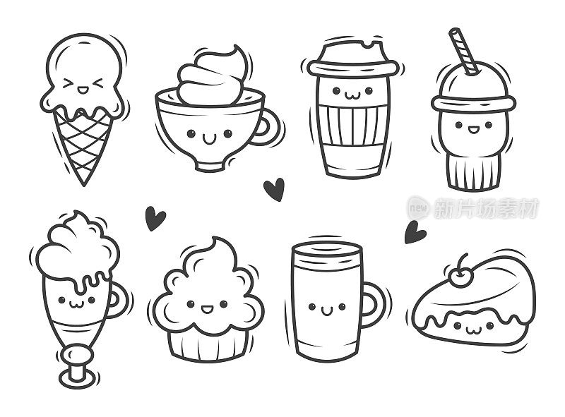 Doodle set of cute kawaii drinks. Coffee, tea, bubble tea, cake. Isolated on a white background.